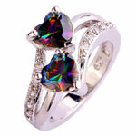 Fashion Lover Jewelry Heart Cut Rainbow & White Gemstone Silver Ring Color double love shaped ring #45