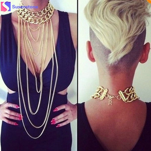 New Fashion Boho Punk Shiny Gold Neck Necklace Tassel Body Jewelry Necklace